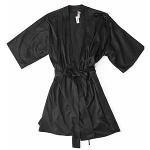 Adore Me Black Satin Kimono Relaxed Open Night Sleep Loungewear Robe Medium